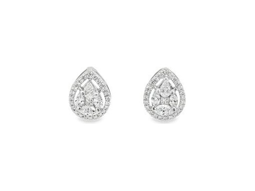 18K White Gold Teardrop Stud Earrings with Natural Marquise, Princess-cut, Pear-shaped and Round Diamonds